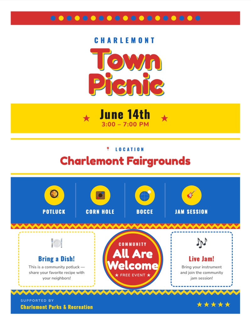 The Charlemont Town Picnic will be held at the Charlemont Fairgrounds on June 14 from 3-7 PM